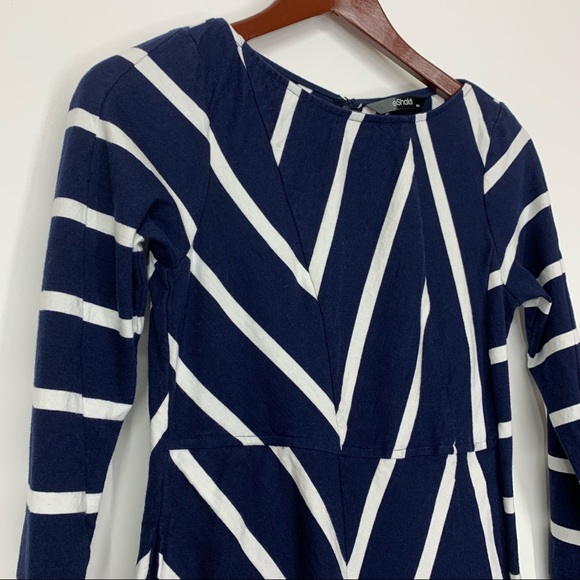 EShakti Asymmetrical White Striped Navy Cotton Spandex Flared Dress W/ Sleeves - Picture 2 of 16